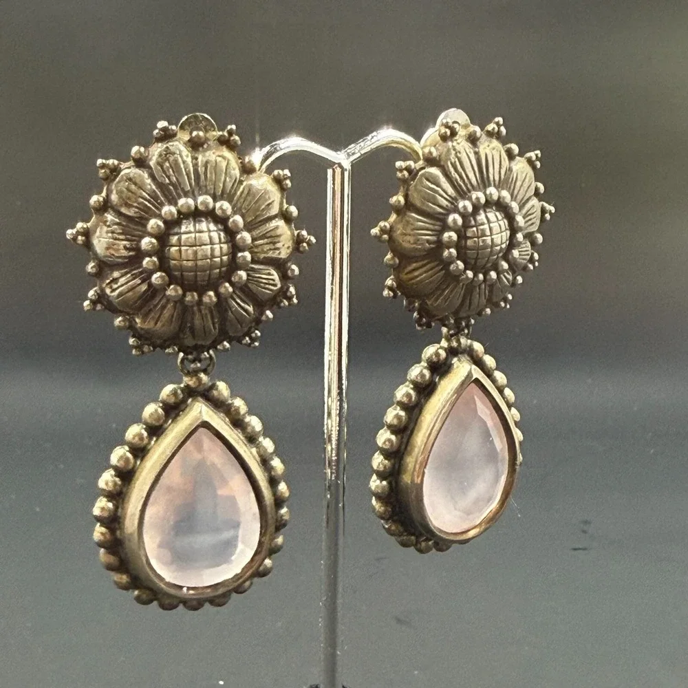 Stephen Dweck Sterling Silver Clip Earrings w/ Rose Quartz 2.25